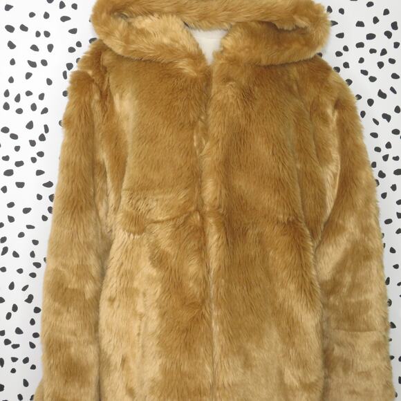LPA Camel Brown Faux Fur Hooded Coat 84 - Picture 6 of 13